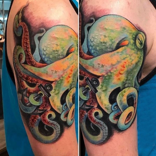 点击大图看下一张：章鱼纹身图案 男生手臂上动物纹身章鱼纹身图案