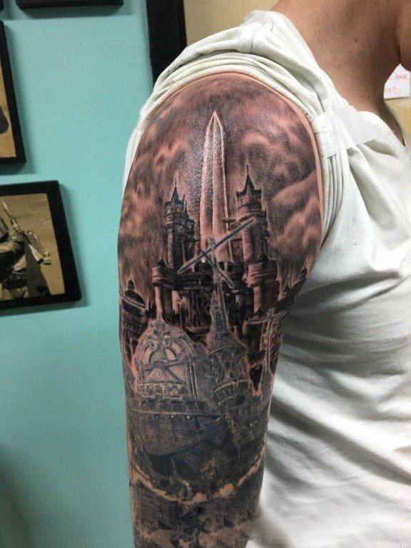 点击大图看下一张：建筑物纹身 男生手臂上建筑物纹身图案