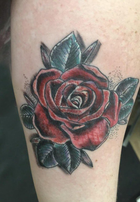 点击大图看下一张：欧美小腿纹身 女生小腿上彩色的玫瑰纹身图片