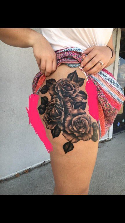 点击大图看下一张：欧美玫瑰纹身 女生大腿上欧美玫瑰纹身图片