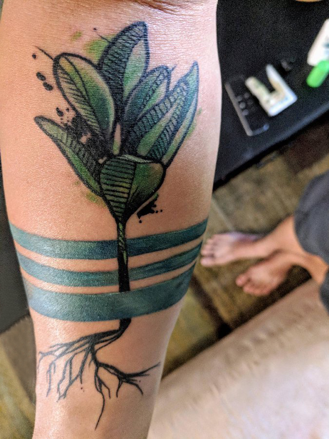 点击大图看下一张：植物纹身 男生小腿上彩色的植物纹身图片
