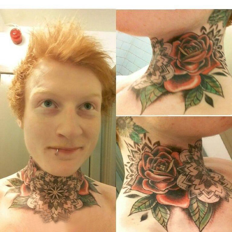 点击大图看下一张：颈部纹身设计 男生颈部彩色的玫瑰纹身图片