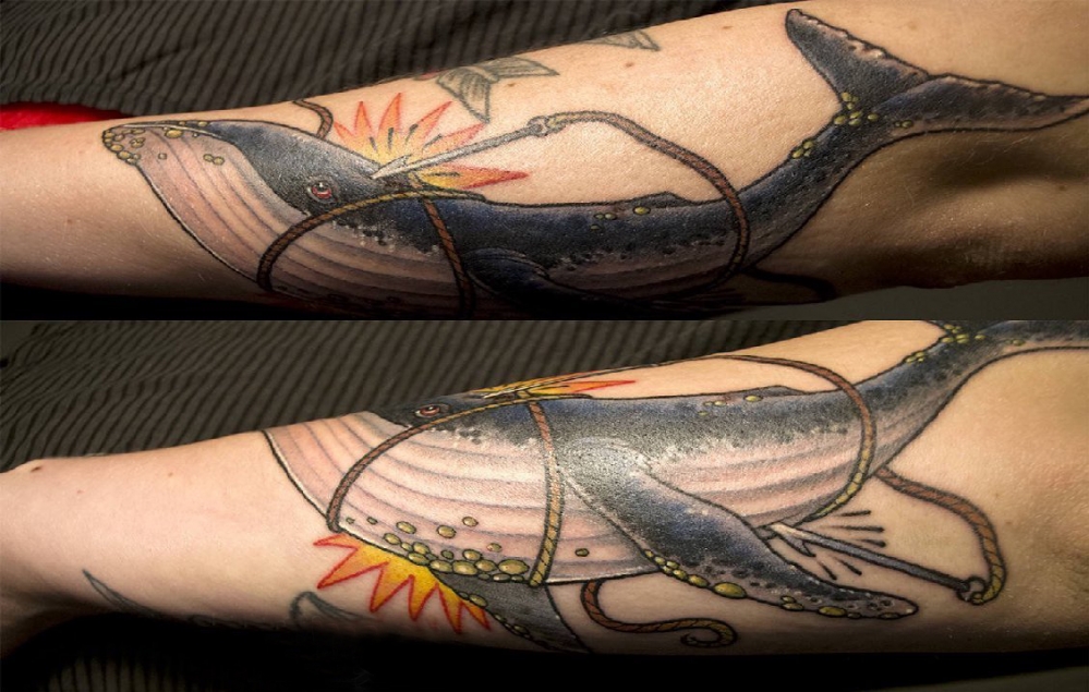 点击大图看下一张：手臂纹身素材 情侣手臂上彩色的鲸鱼纹身图片