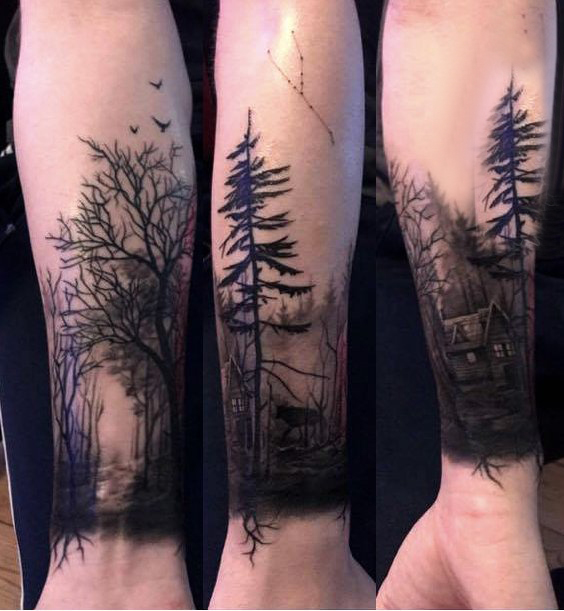 点击大图看下一张：手臂纹身素材 男生手臂上建筑物和大树纹身图片