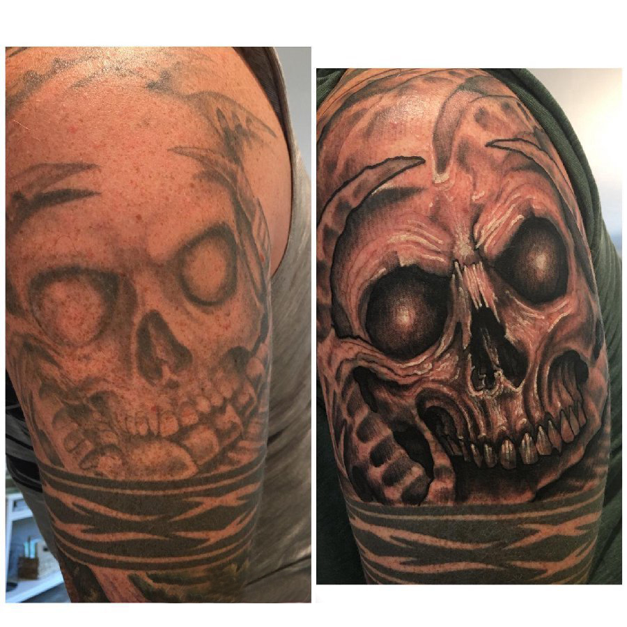 点击大图看下一张：骷髅纹身 男生手臂上小骷髅头纹身图片