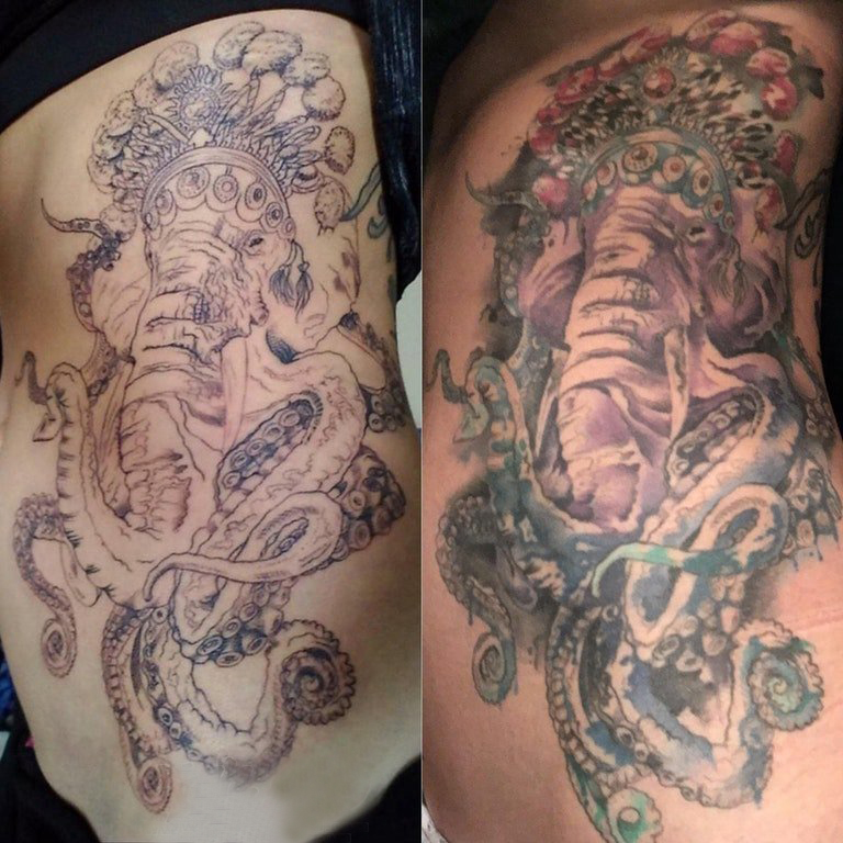 点击大图看下一张：纹身覆盖 女生侧腰上章鱼和大象纹身图片