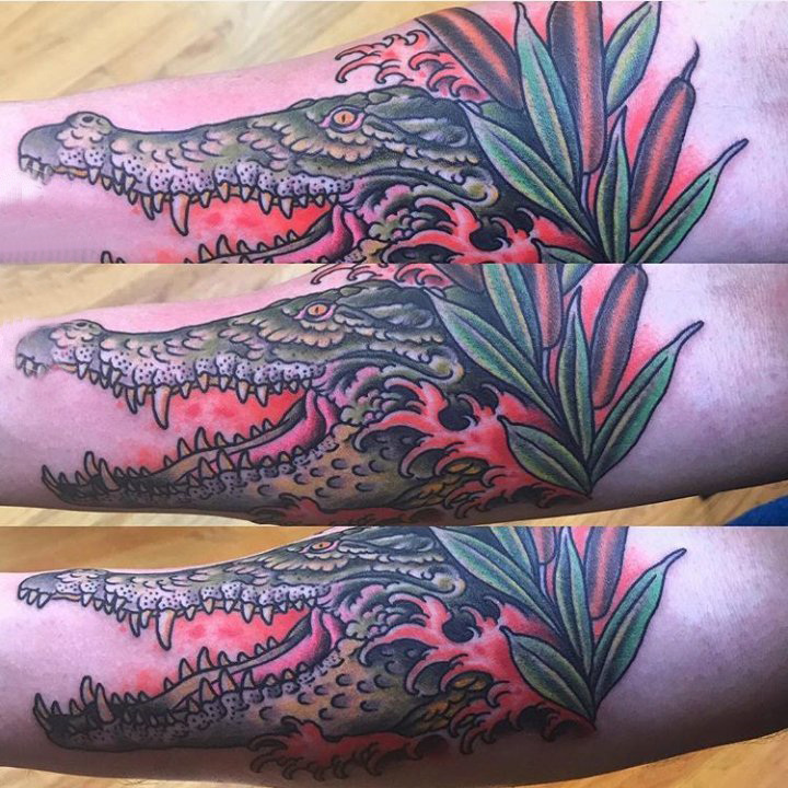 点击大图看下一张：手臂纹身素材 男生手臂上植物和鳄鱼纹身图片