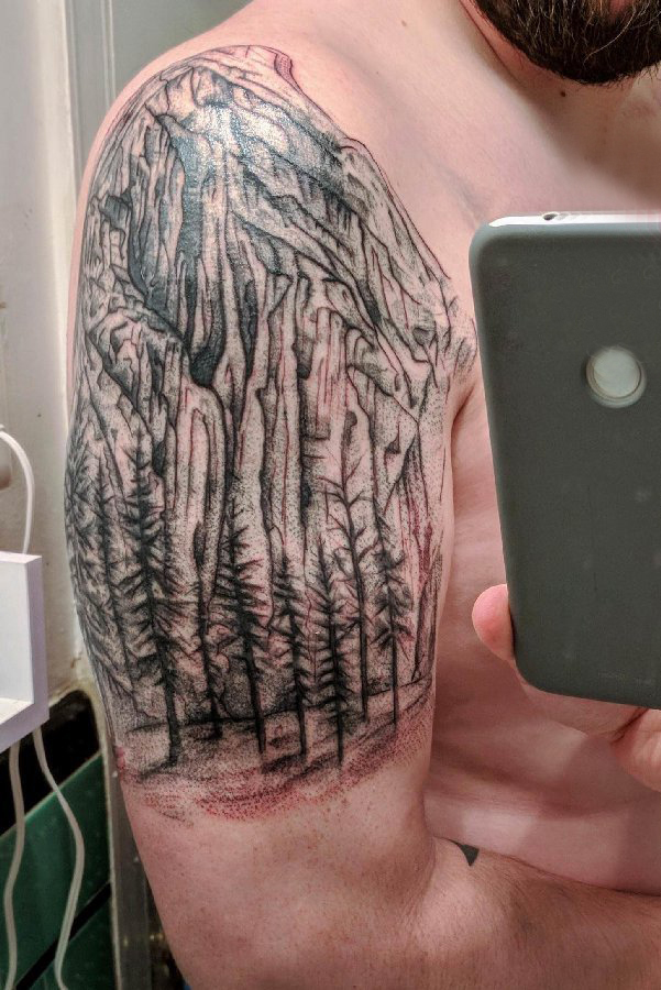 点击大图看下一张：双大臂纹身 男生大臂上大树和山脉纹身图片