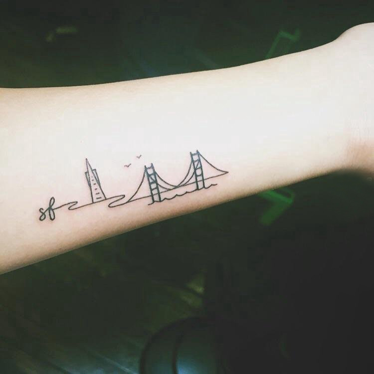 点击大图看下一张：极简线条纹身 女生手臂上黑色的建筑物纹身图片