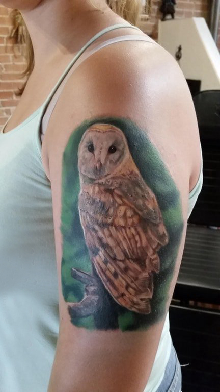 点击大图看下一张：纹身猫头鹰 女生手臂上猫头鹰纹身图片