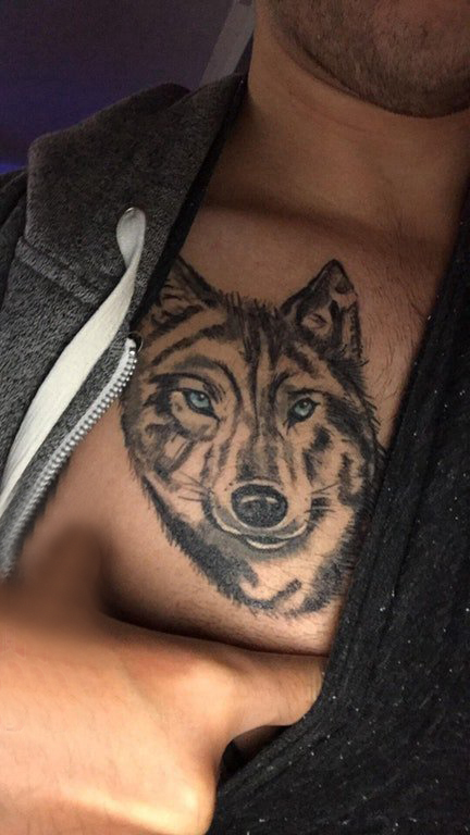 点击大图看下一张：纹身胸部男 男生胸部黑色的狼头纹身图片