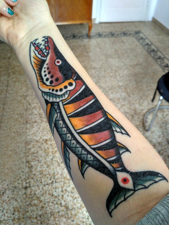 点击大图看下一张：纹身招财鱼 男生手臂上彩色的鱼纹身图片