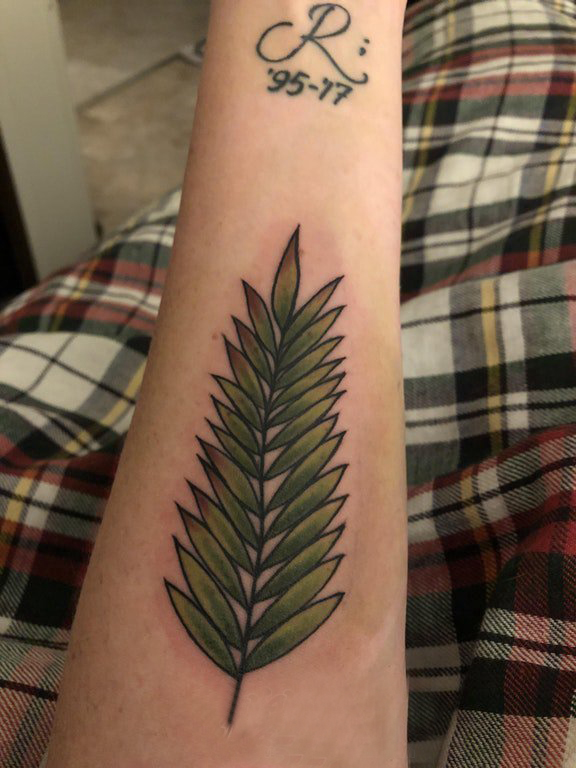 点击大图看下一张：植物纹身 男生手臂上彩色的树叶纹身图片