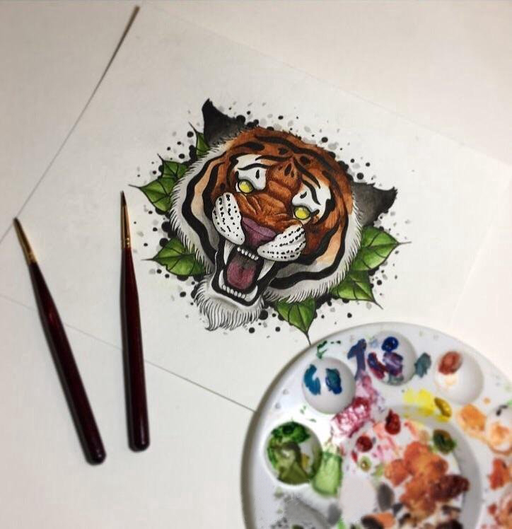 点击大图看下一张：百乐动物纹身 彩色的叶子和老虎纹身手稿