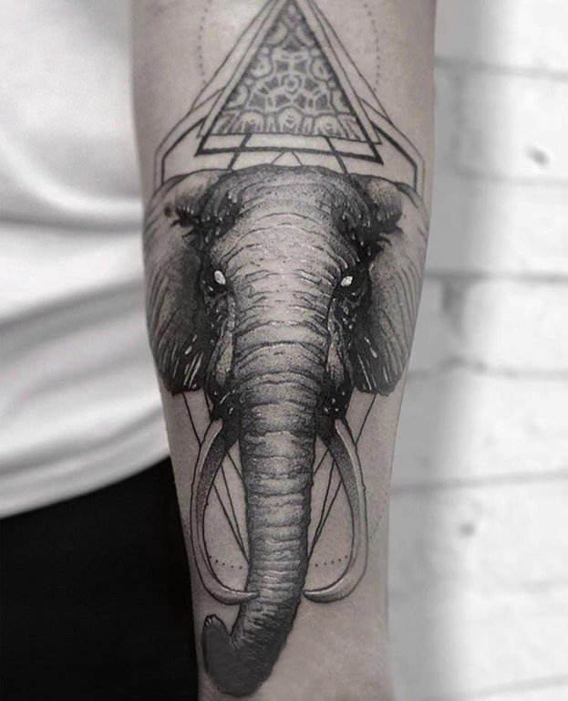 点击大图看下一张：百乐动物纹身 男生手臂上三角形和大象纹身图片