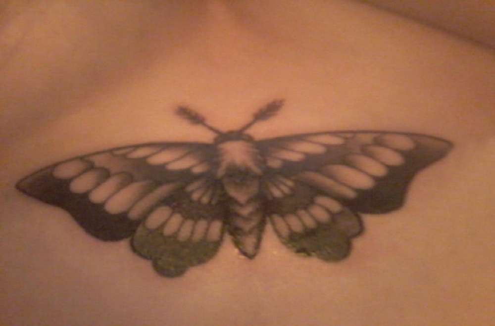 点击大图看下一张：女生胸下纹身 女生胸下黑色的蝴蝶纹身图片