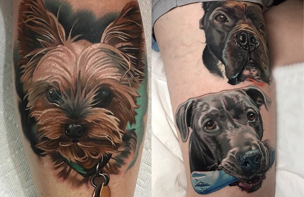 点击大图看下一张：欧美小腿纹身 男生小腿上彩色的小狗纹身图片
