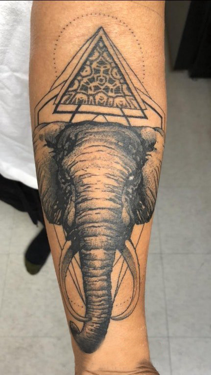 点击大图看下一张：手臂纹身素材 男生手臂上三角形和大象纹身图片