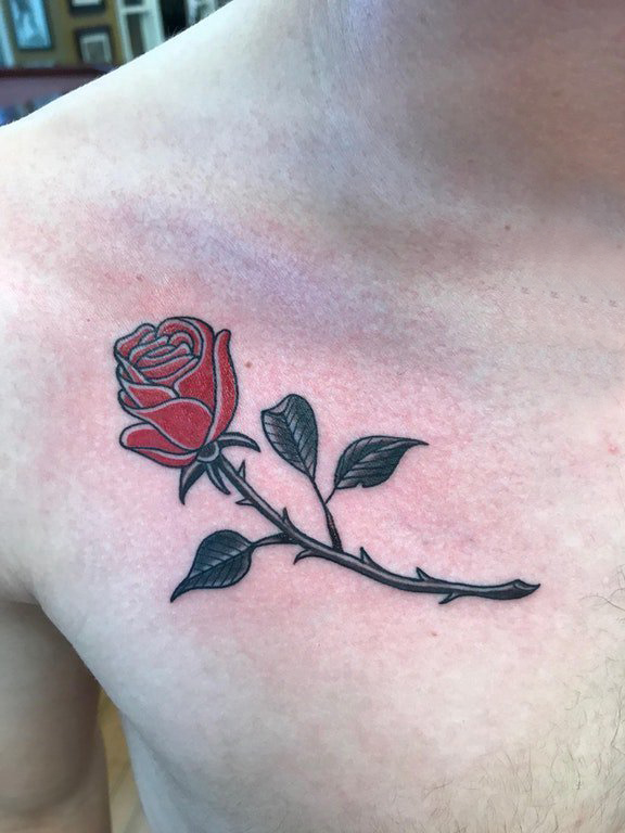 点击大图看下一张：花朵纹身 男生胸部彩色的玫瑰纹身图片
