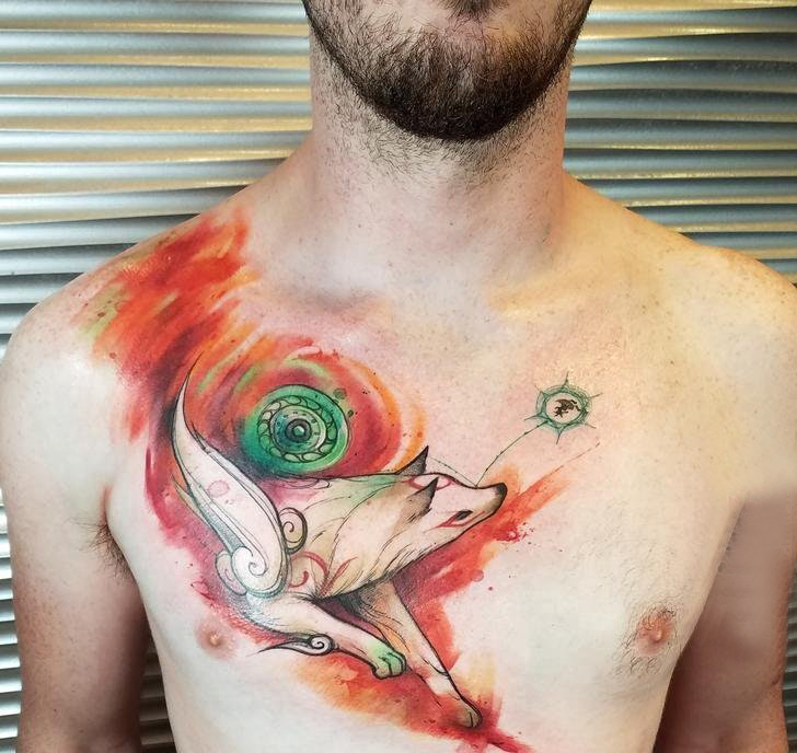 点击大图看下一张：九尾狐狸纹身 男生胸部彩色的狐狸纹身图片