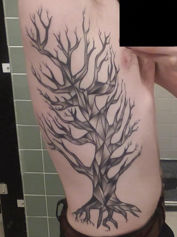 点击大图看下一张：纹身树枝 男生侧腰上黑色的枯树纹身图片