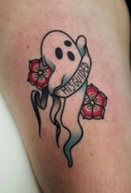 纹身大腿男 男生大腿上花朵和幽灵纹身图片