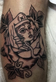 欧美小腿纹身 男生小腿上花朵和女生人物纹身图片