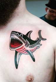 纹身胸部男 男生胸部彩色的鲨鱼纹身图片