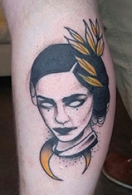 欧美小腿纹身 男生小腿上叶子和人物纹身图片