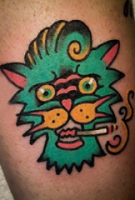 狮子头纹身图片  男生小腿上可爱的狮子头纹身图片