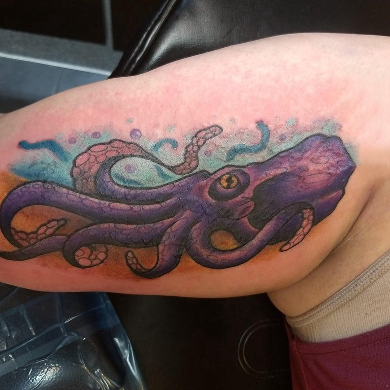 点击大图看下一张：欧美小腿纹身 男生小腿上彩色的章鱼纹身图片