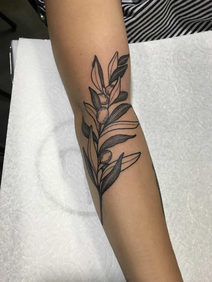 点击大图看下一张：手臂纹身素材 女生手臂上黑色的植物纹身图片