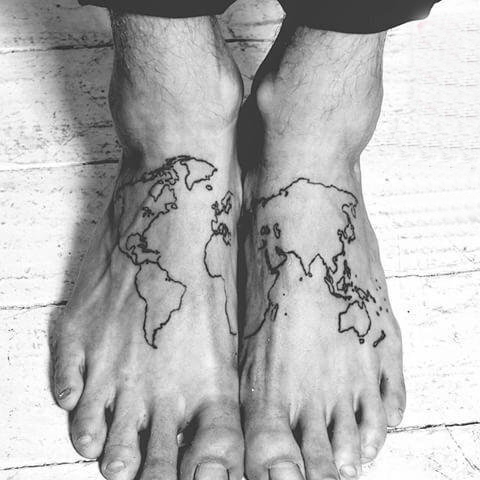 点击大图看下一张：纹身世界地图 男生脚部世界地图纹身图片