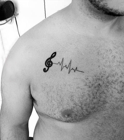 点击大图看下一张：纹身胸部男 男生胸部心电图和音符纹身图片