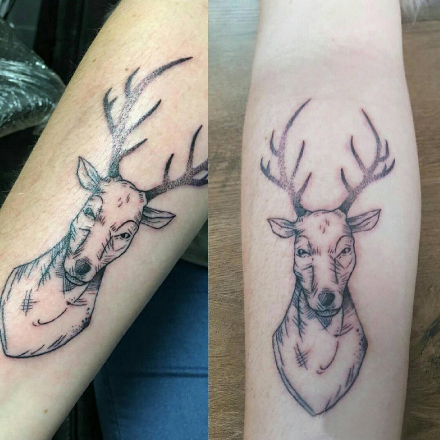 点击大图看下一张：小动物纹身 情侣手臂上黑色的麋鹿纹身图片
