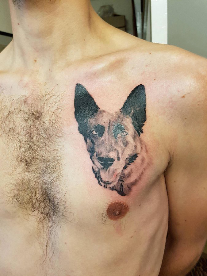 点击大图看下一张：小狗纹身图片 男生胸部黑色的小狗纹身图片