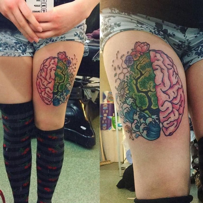 点击大图看下一张：大腿传统纹身 女生大腿上彩色的大脑纹身图片
