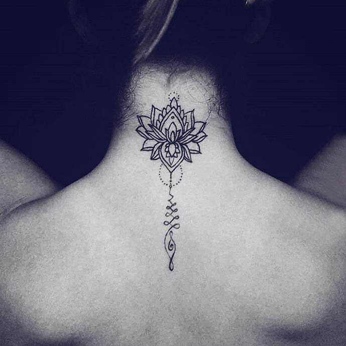 点击大图看下一张：颈部纹身设计 女生颈部黑色的莲花纹身图片