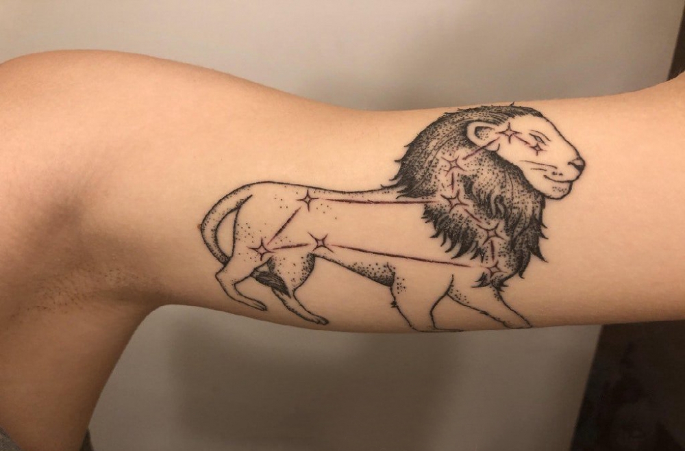 点击大图看下一张：手臂纹身图片 女生大臂上黑色的狮子纹身图片