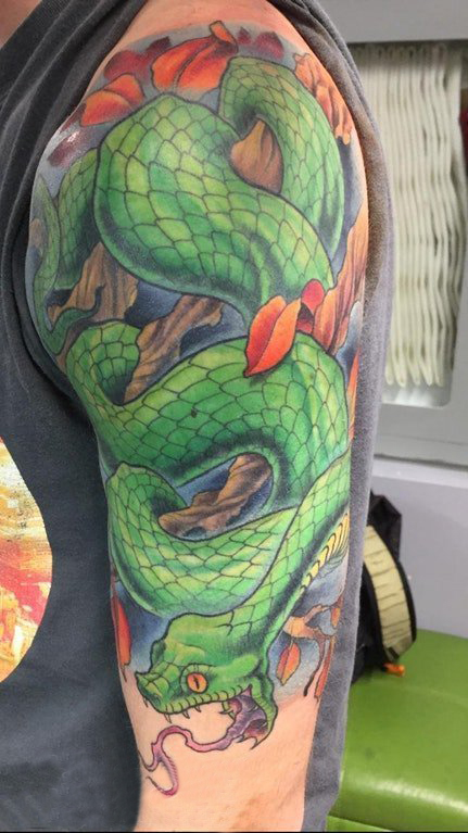 点击大图看下一张：双大臂纹身 男生大臂上凶猛的蛇纹身图片