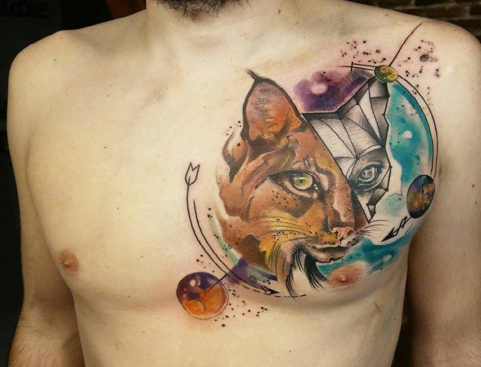 点击大图看下一张：豹子头纹身 男生胸部豹子头纹身图片