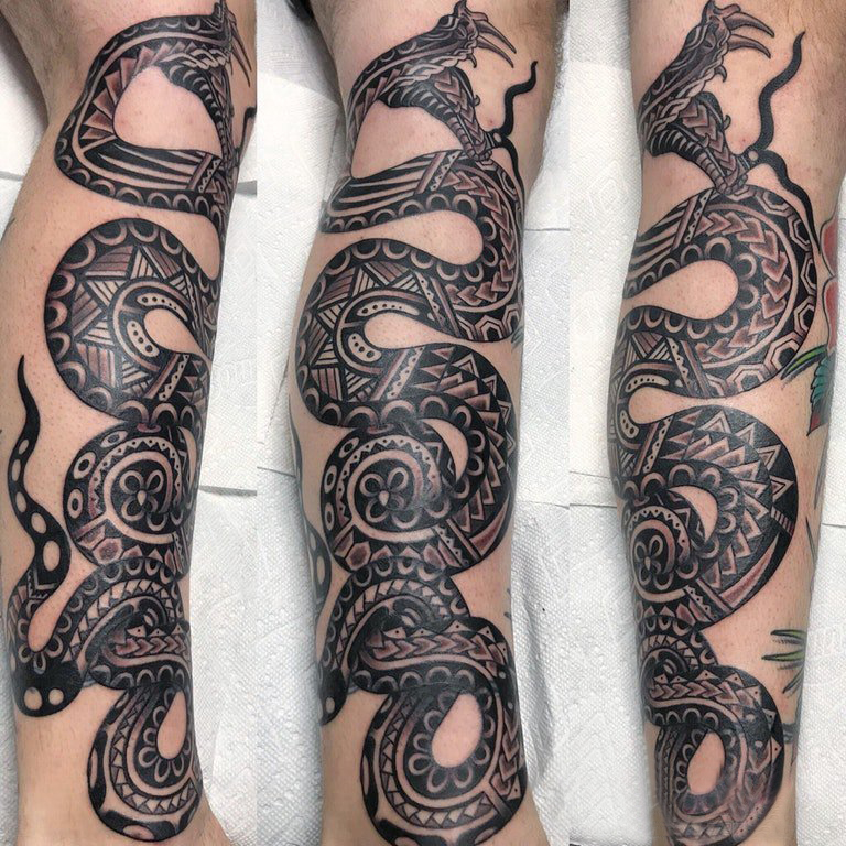 点击大图看下一张：百乐动物纹身 男生手臂上黑色的蛇纹身图片