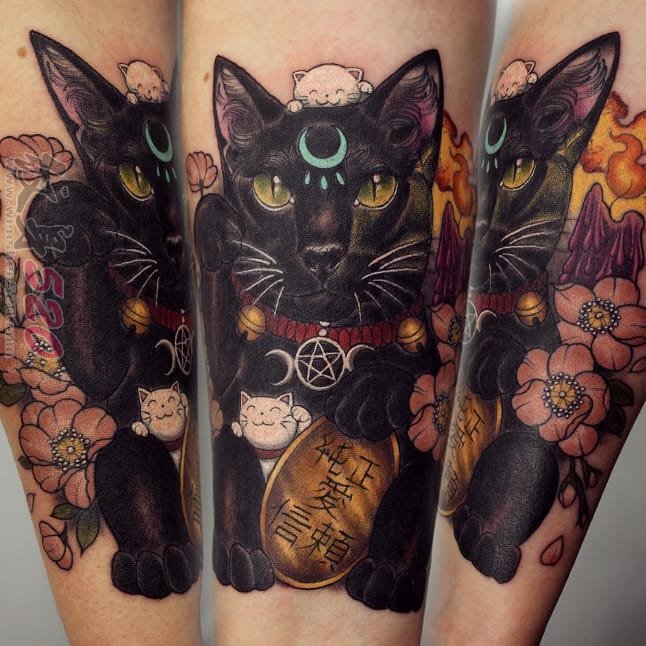 点击大图看下一张：小清新猫咪纹身 多款彩绘纹身动物小清新猫咪纹身图案