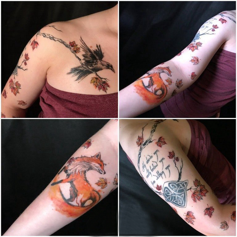 点击大图看下一张：枫叶纹身 女生手臂上枫叶和动物纹身图片