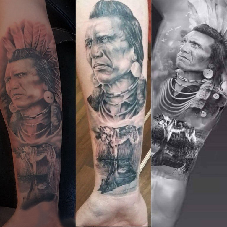 点击大图看下一张：素描纹身  男生手臂上素描的黑灰人物和动物纹身图片