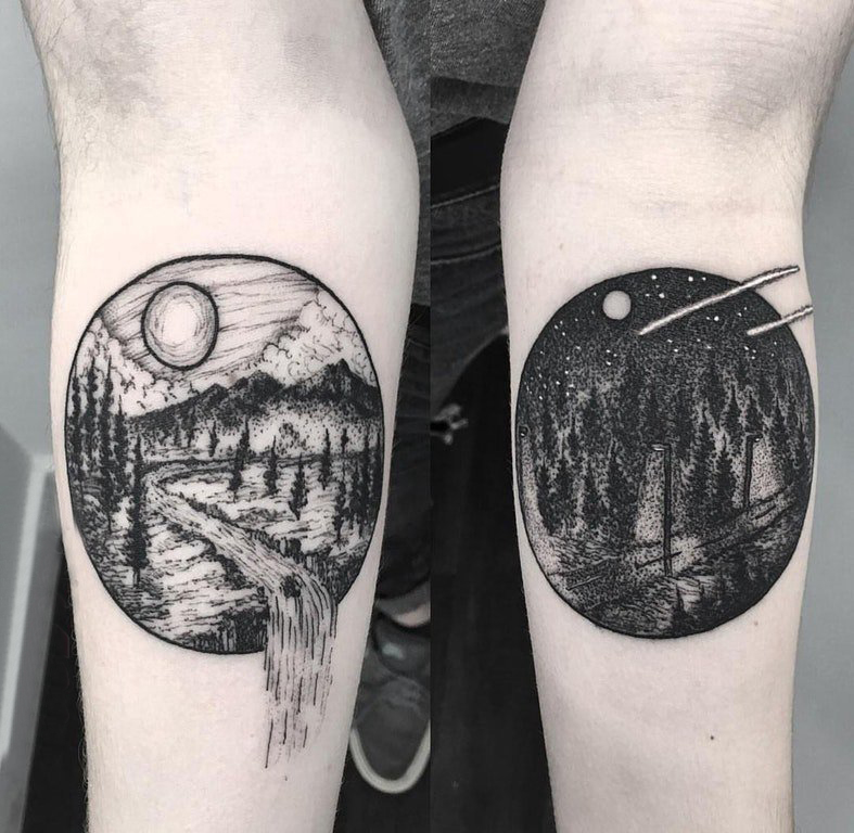 点击大图看下一张：纹身圆形 男生手臂上圆形和风景纹身图片