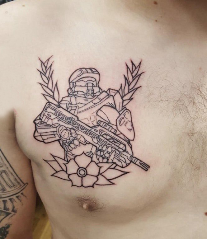 点击大图看下一张：军人纹身图案  男生胸前军人和植物纹身图片