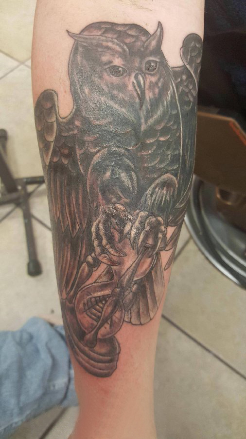 点击大图看下一张：纹身猫头鹰  女生手臂上素描的猫头鹰纹身图片
