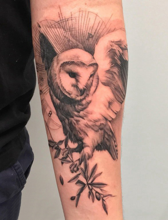 点击大图看下一张：纹身猫头鹰 男生手臂上植物和猫头鹰纹身图片
