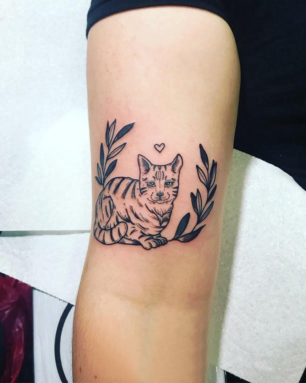 点击大图看下一张：小动物纹身 女生手臂上植物和猫咪纹身图片